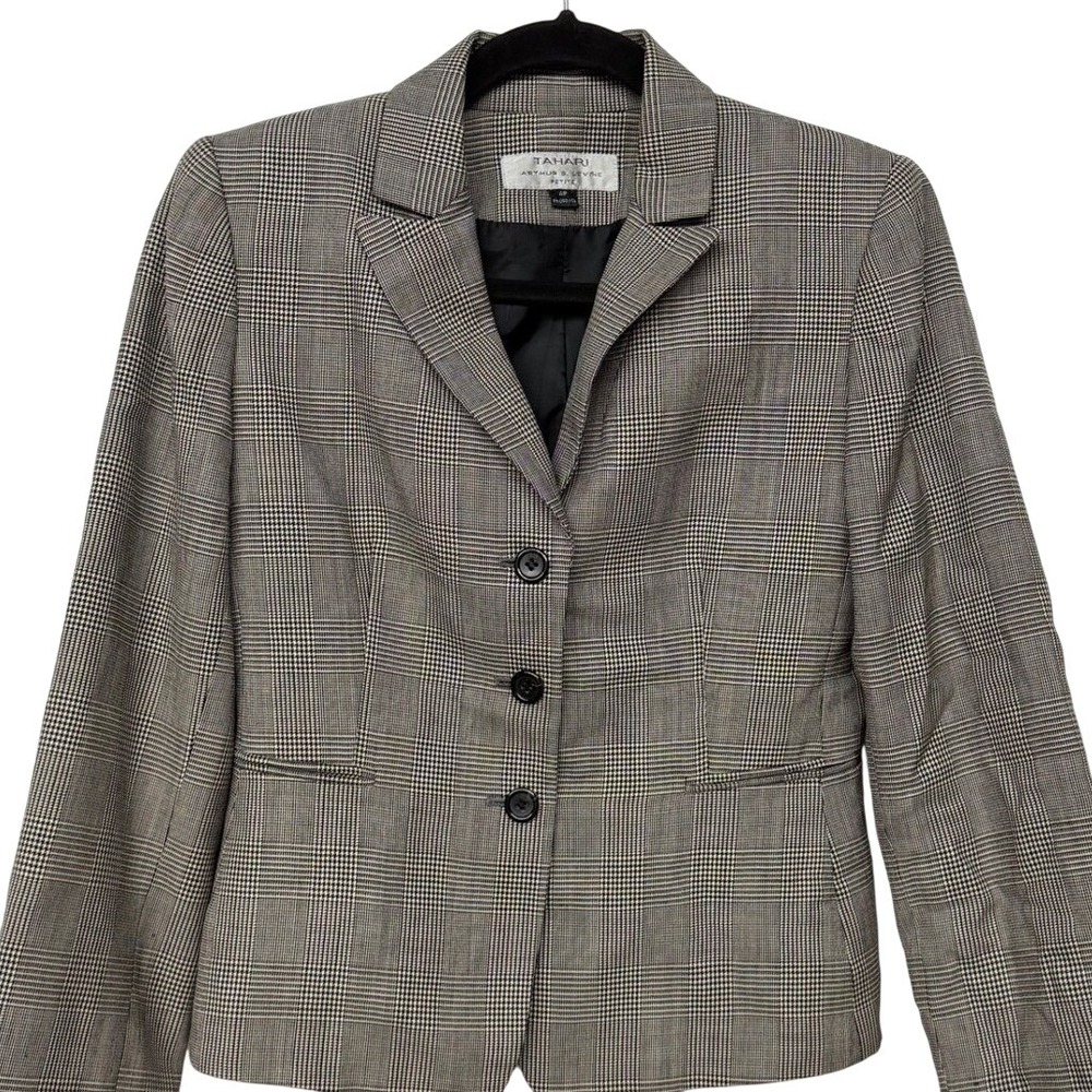 100% Wool Blazer Jacket Petite 4P 3-Button Grey Glen Plaid Office Career